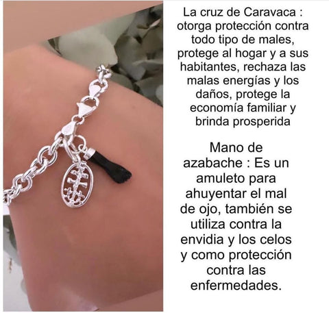 Pulsera Cruz de Caravaca y mano de azabache, plata de ley